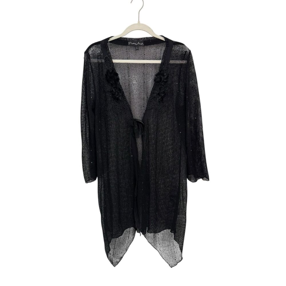 Pretty Angel Linen Blend Romantic Duster Cardigan Size Large Black
